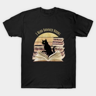 Black Cat reading a banned books, watercolor sunset style, flowers growing from book, cats and books lovers T-Shirt